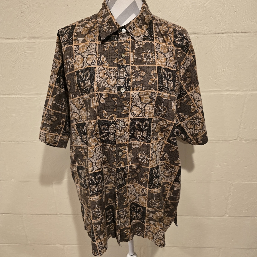 Tori Richard Honolulu Men XL 100% Cotton Lawn Hawaiian Resort Short Sleeve Brown